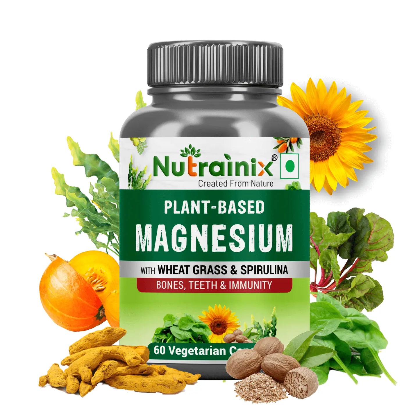 Nutrainix Plant-Based Magnesium, Supports Muscle Relaxation, Bone Health, Heart Wellness, Energy Boost & Vegan - 60 Vegetarian Capsules