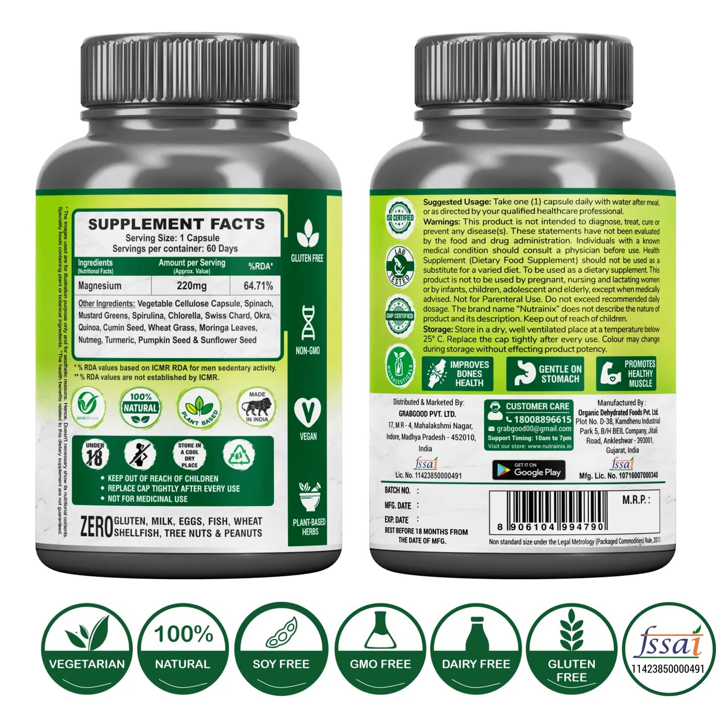 Nutrainix Plant-Based Magnesium, Supports Muscle Relaxation, Bone Health, Heart Wellness, Energy Boost & Vegan - 60 Vegetarian Capsules