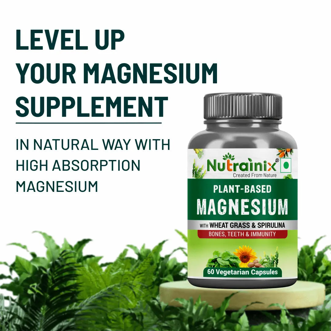 Nutrainix Plant-Based Magnesium, Supports Muscle Relaxation, Bone Health, Heart Wellness, Energy Boost & Vegan - 60 Vegetarian Capsules