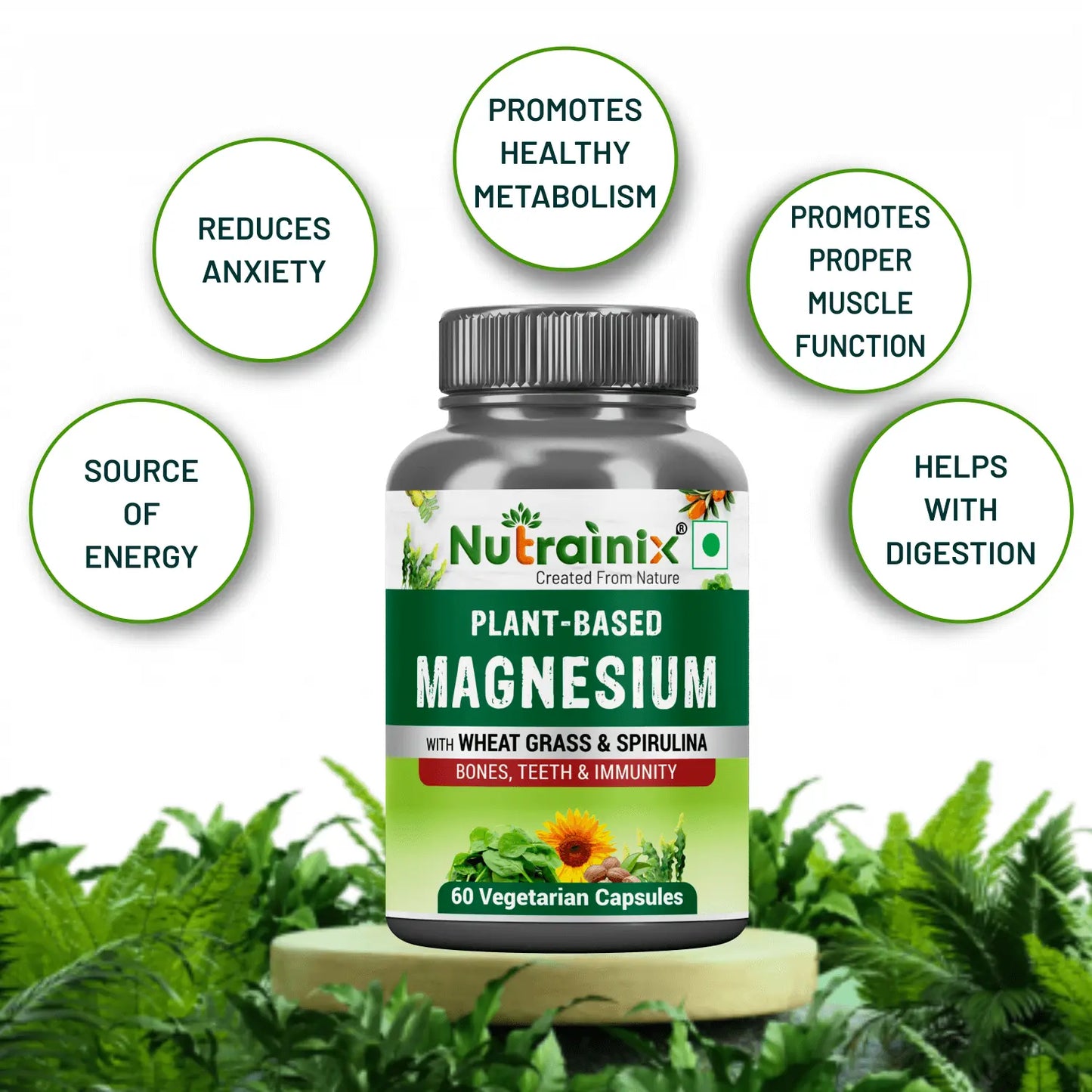 Nutrainix Plant-Based Magnesium, Supports Muscle Relaxation, Bone Health, Heart Wellness, Energy Boost & Vegan - 60 Vegetarian Capsules