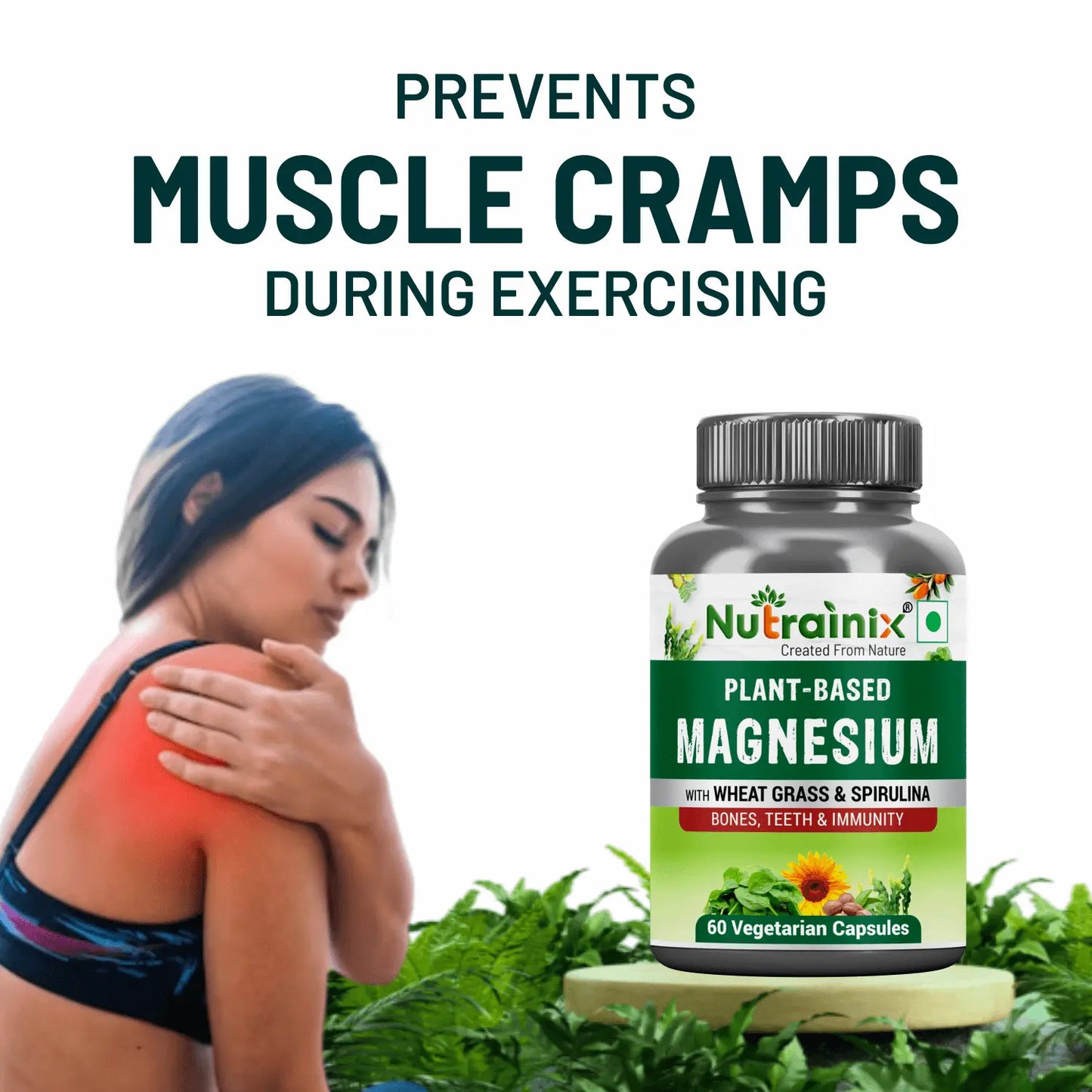 Nutrainix Plant-Based Magnesium, Supports Muscle Relaxation, Bone Health, Heart Wellness, Energy Boost & Vegan - 60 Vegetarian Capsules