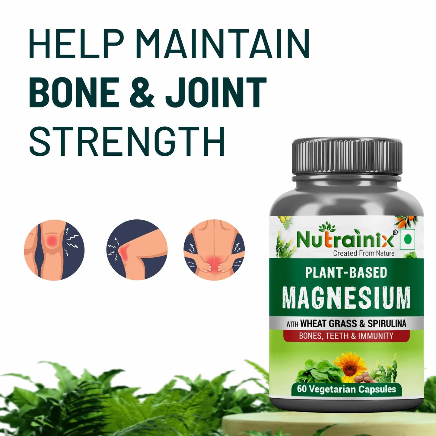 Nutrainix Plant-Based Magnesium, Supports Muscle Relaxation, Bone Health, Heart Wellness, Energy Boost & Vegan - 60 Vegetarian Capsules