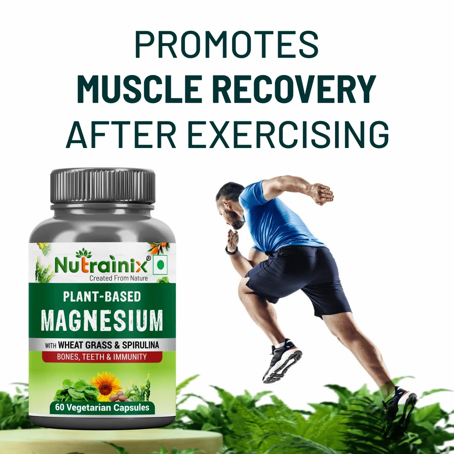Nutrainix Plant-Based Magnesium, Supports Muscle Relaxation, Bone Health, Heart Wellness, Energy Boost & Vegan - 60 Vegetarian Capsules