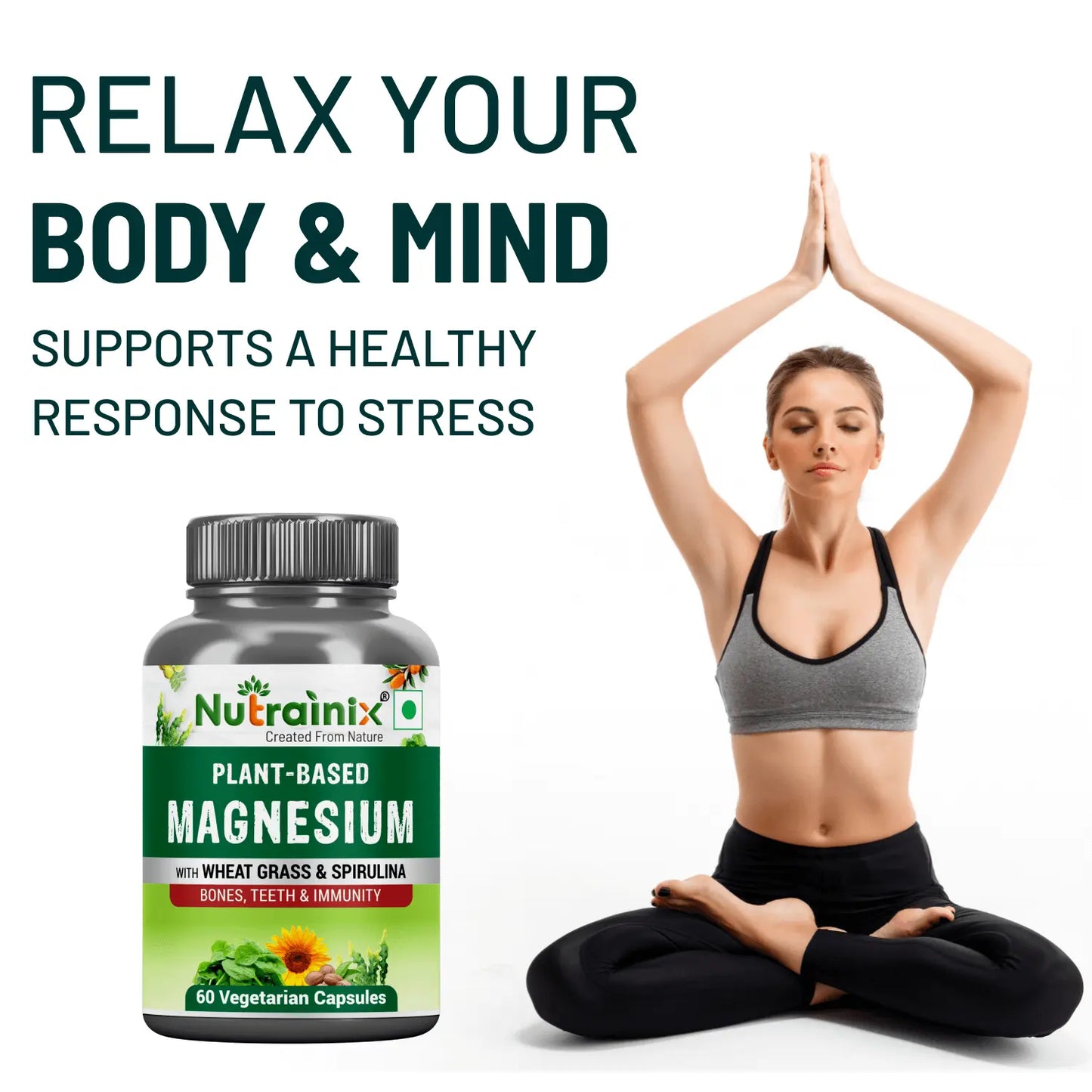 Nutrainix Plant-Based Magnesium, Supports Muscle Relaxation, Bone Health, Heart Wellness, Energy Boost & Vegan - 60 Vegetarian Capsules