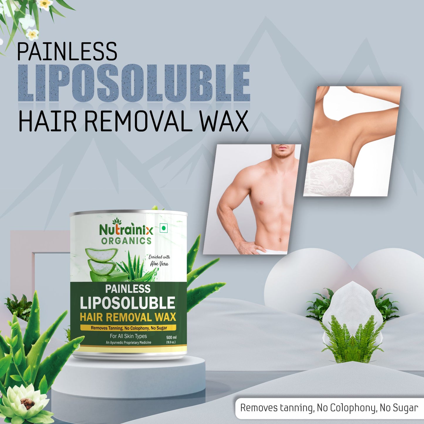 न्यूट्रेनिक्स ऑर्गेनिक्स पेनलेस लिपोसॉल्यूबल एलो वेरा हेयर रिमूवल वैक्स आर्म्स और बिकिनी के लिए - चिकना, कोमल हेयर रिमूवल - 500ml
